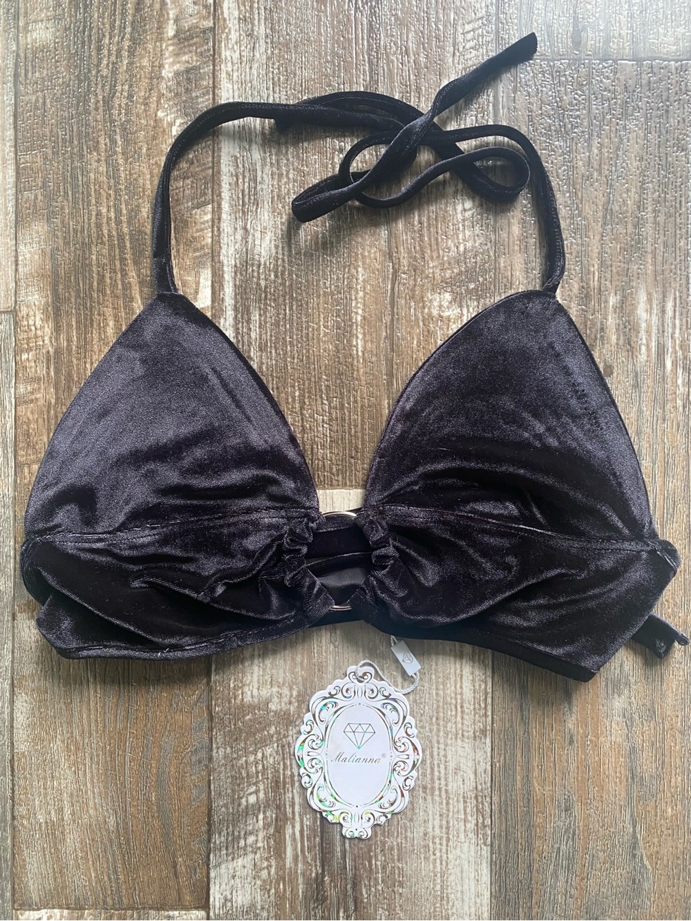 Velvet Triangle Halter Bralette in black